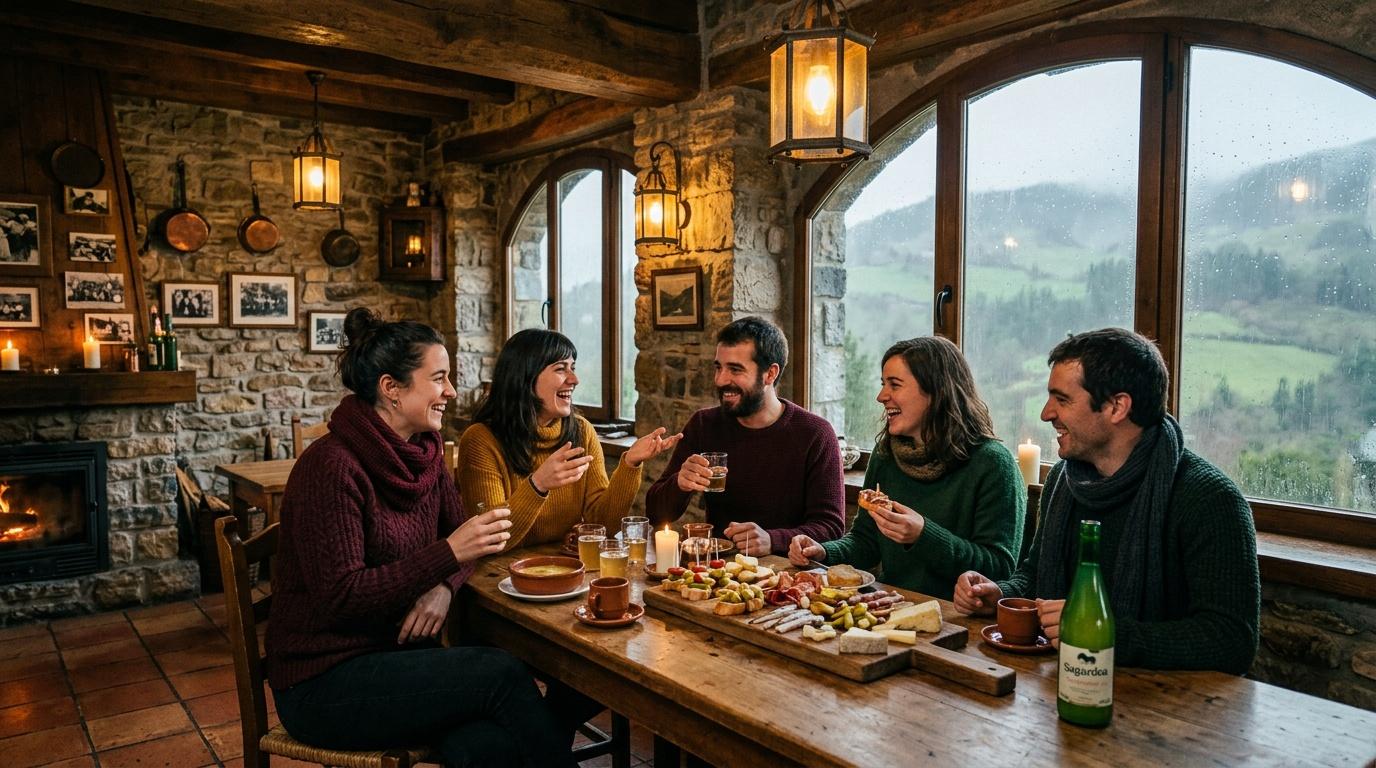 Cinq amis rient autour d'une table avec charcuterie et boissons