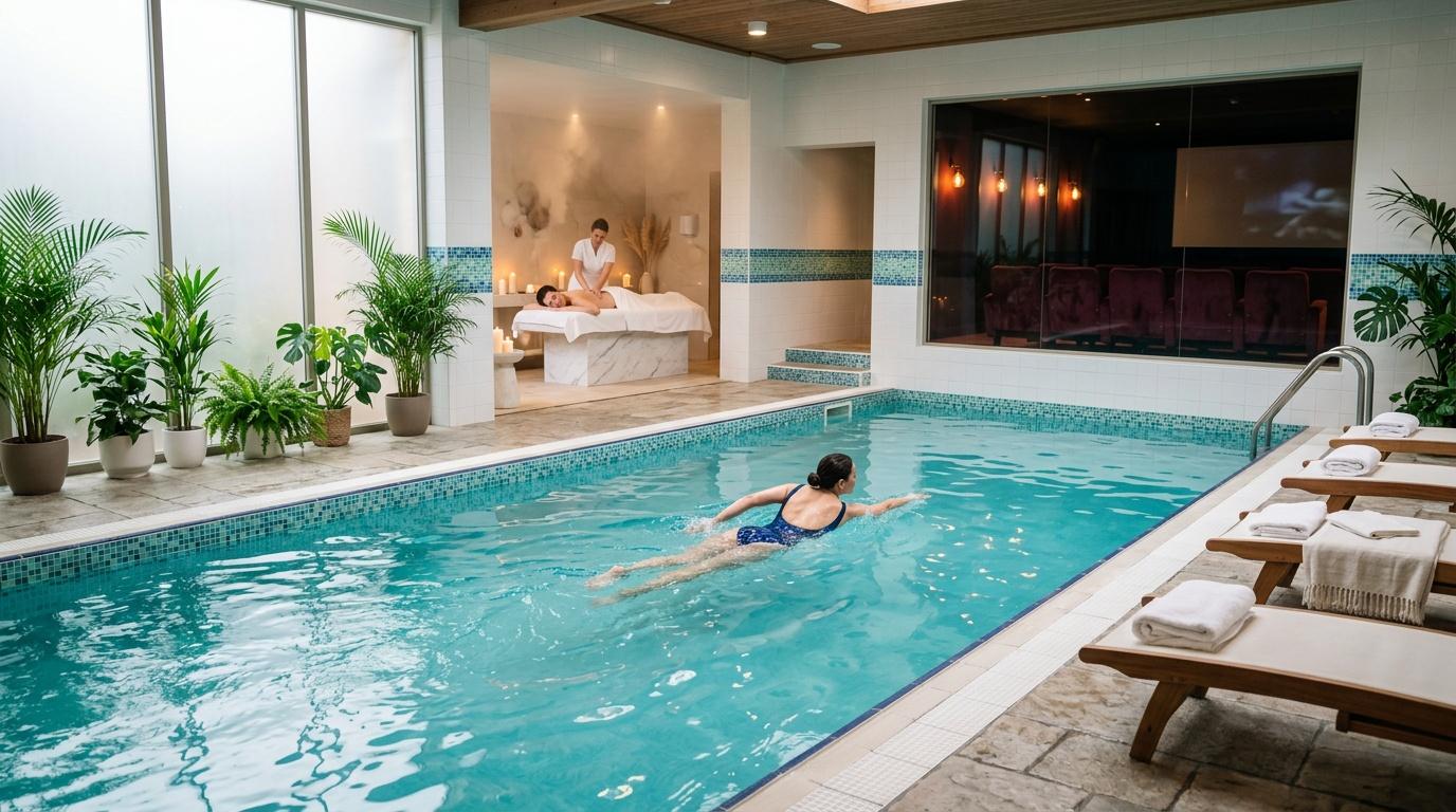 Femme nageant dans piscine intérieure spa moderne avec massothérapeute