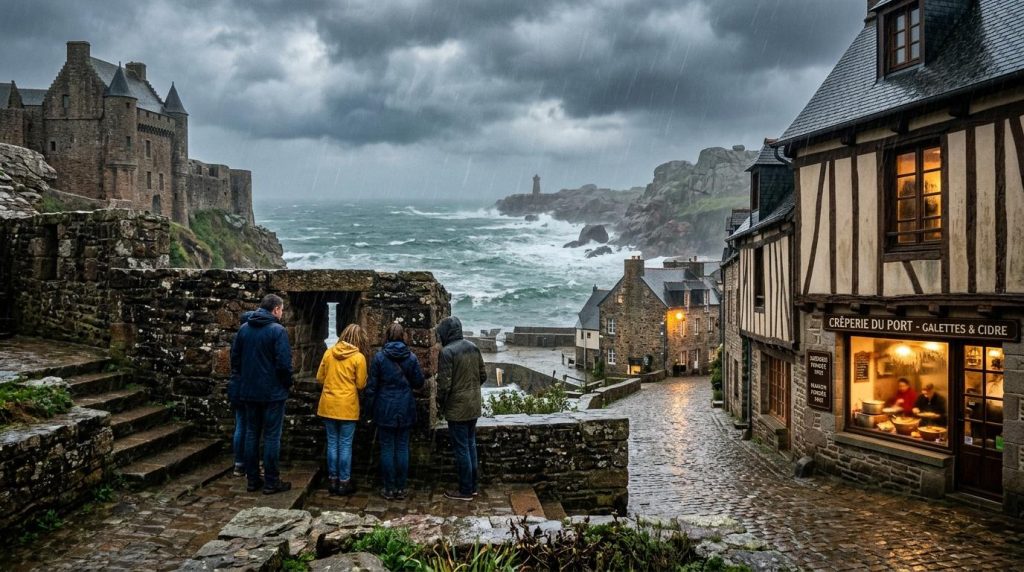 Quatre touristes observent le château et la mer agitée depuis une ruelle pavée.