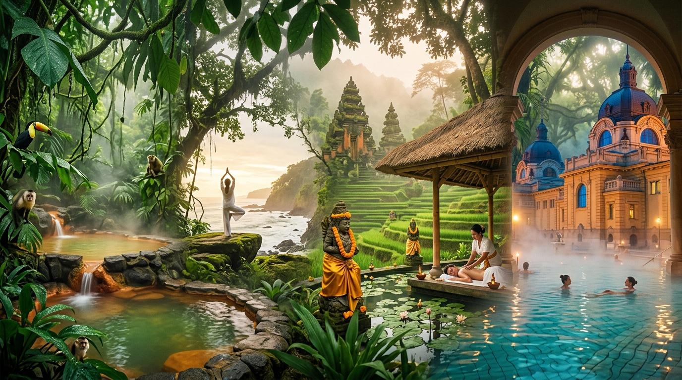 Collage montrant jungle, temples, spa et architecture asiatique mystique