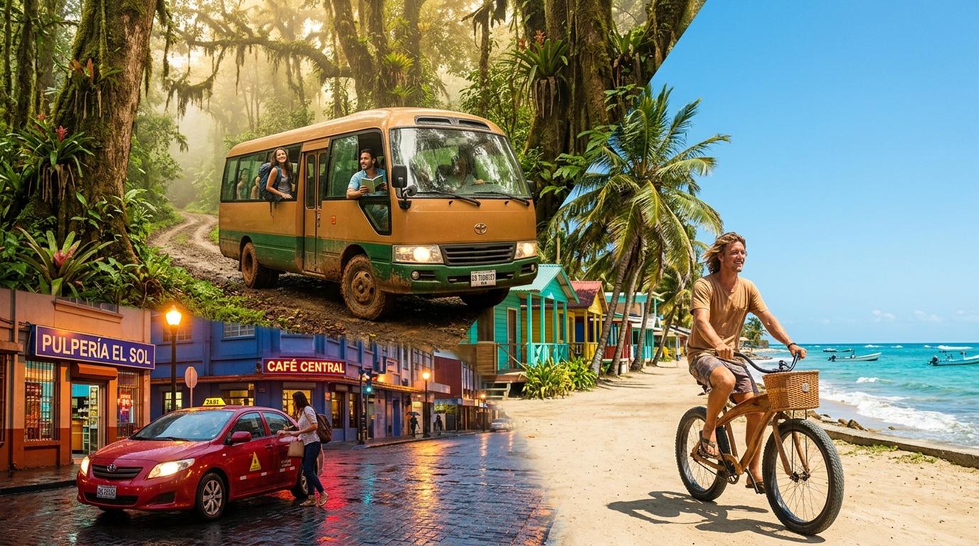 Collage montrant transport, plage et vie urbaine tropicale