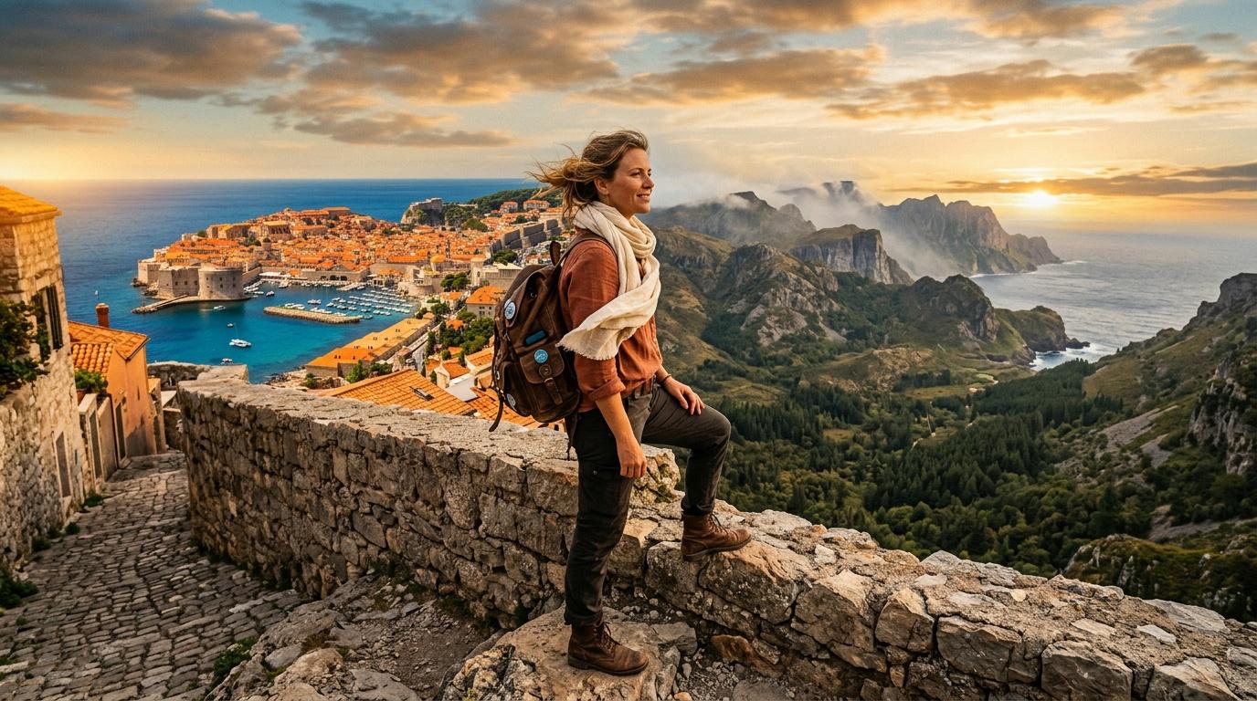 Femme randonneuse regardant baie méditerranéenne depuis falaise
