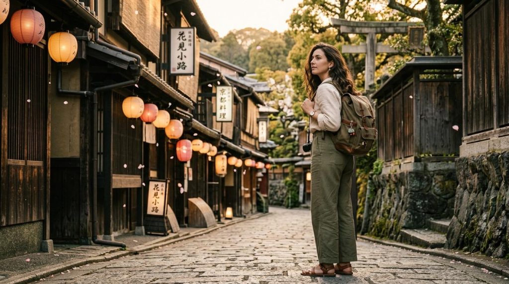 Femme avec sac à dos explorant une ancienne rue asiatique