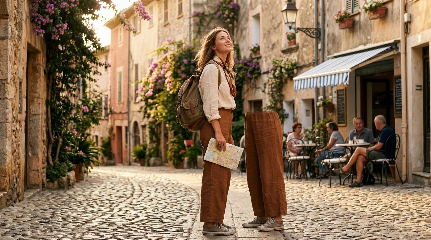 Femme touriste explorant une vieille rue pavée fleurie