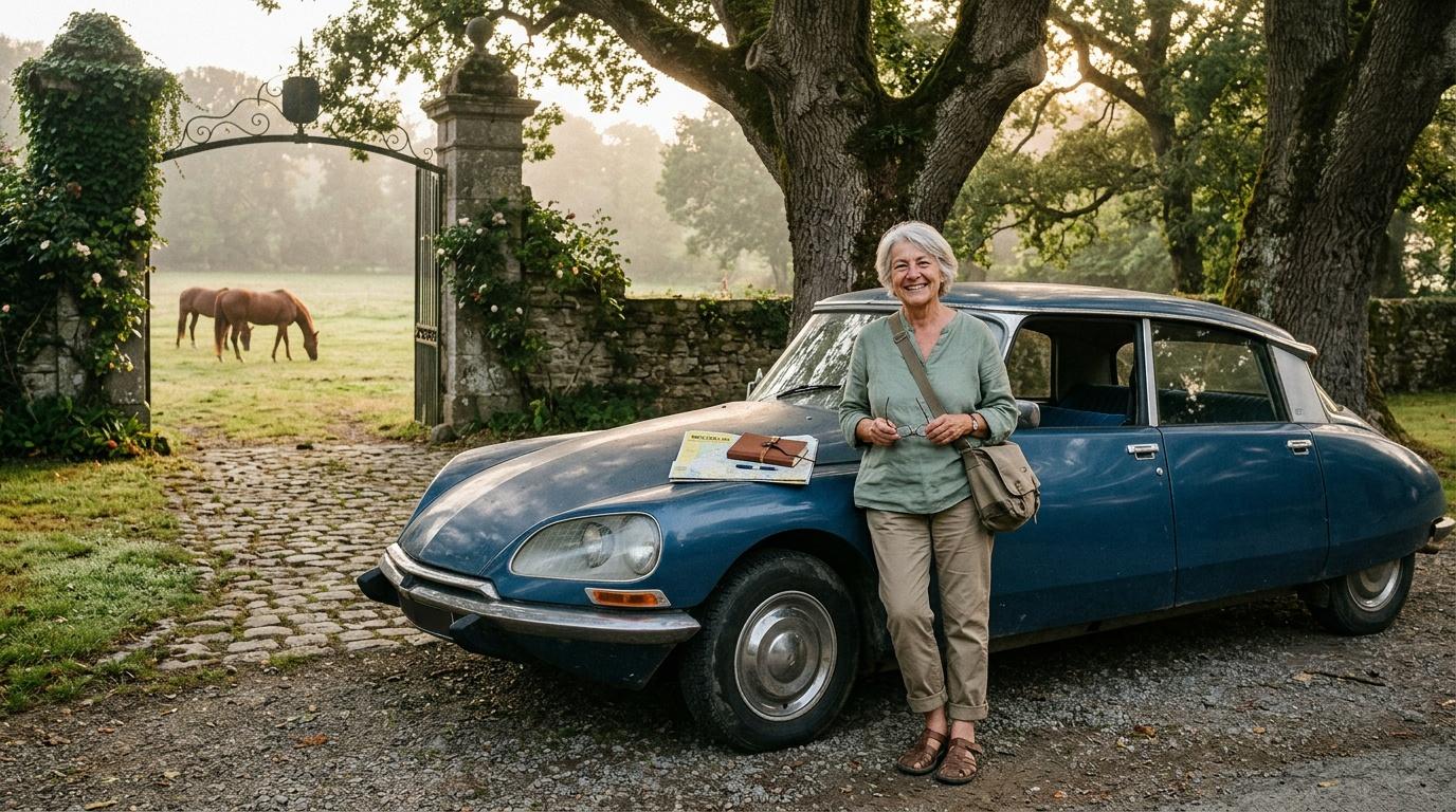 Femme âgée posant devant une vieille voiture bleue