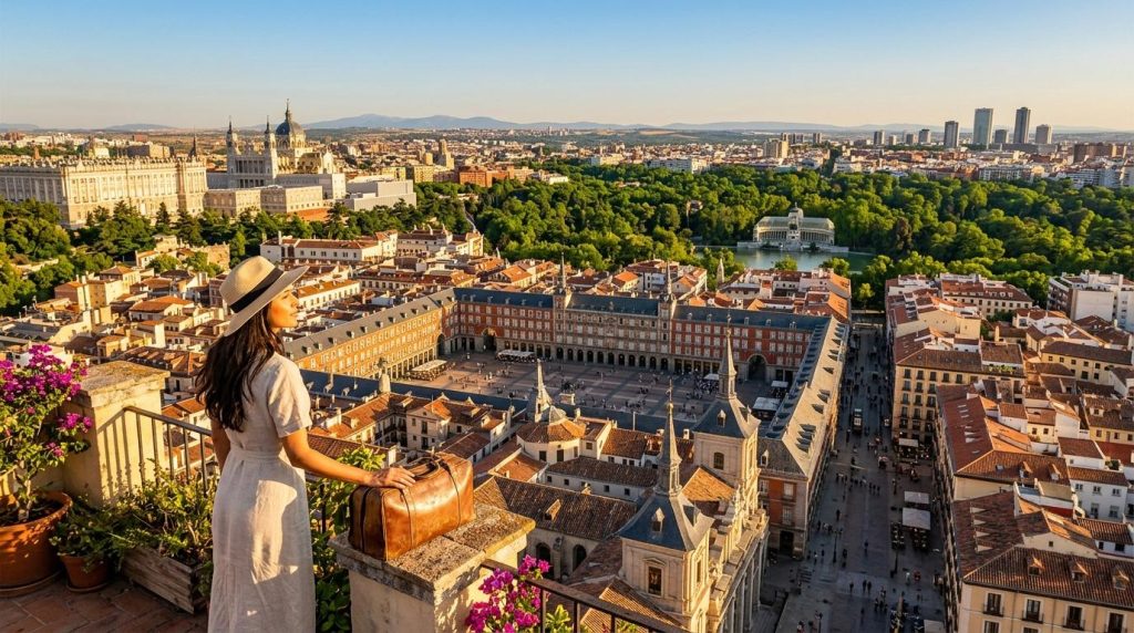 Femme admirant Madrid depuis une terrasse avec vue sur le Palais Royal