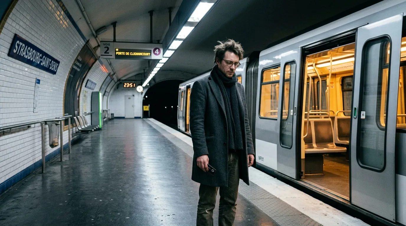 Homme seul attendant le métro à Strasbourg-Saint-Denis