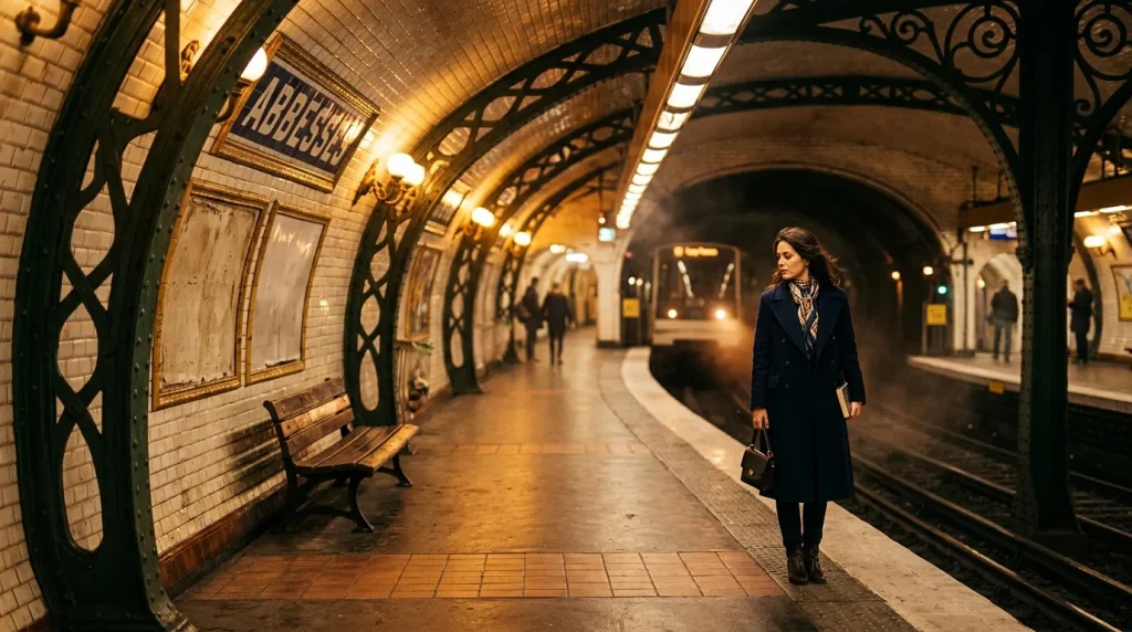 Femme seule attend le train dans une station de métro souterraine