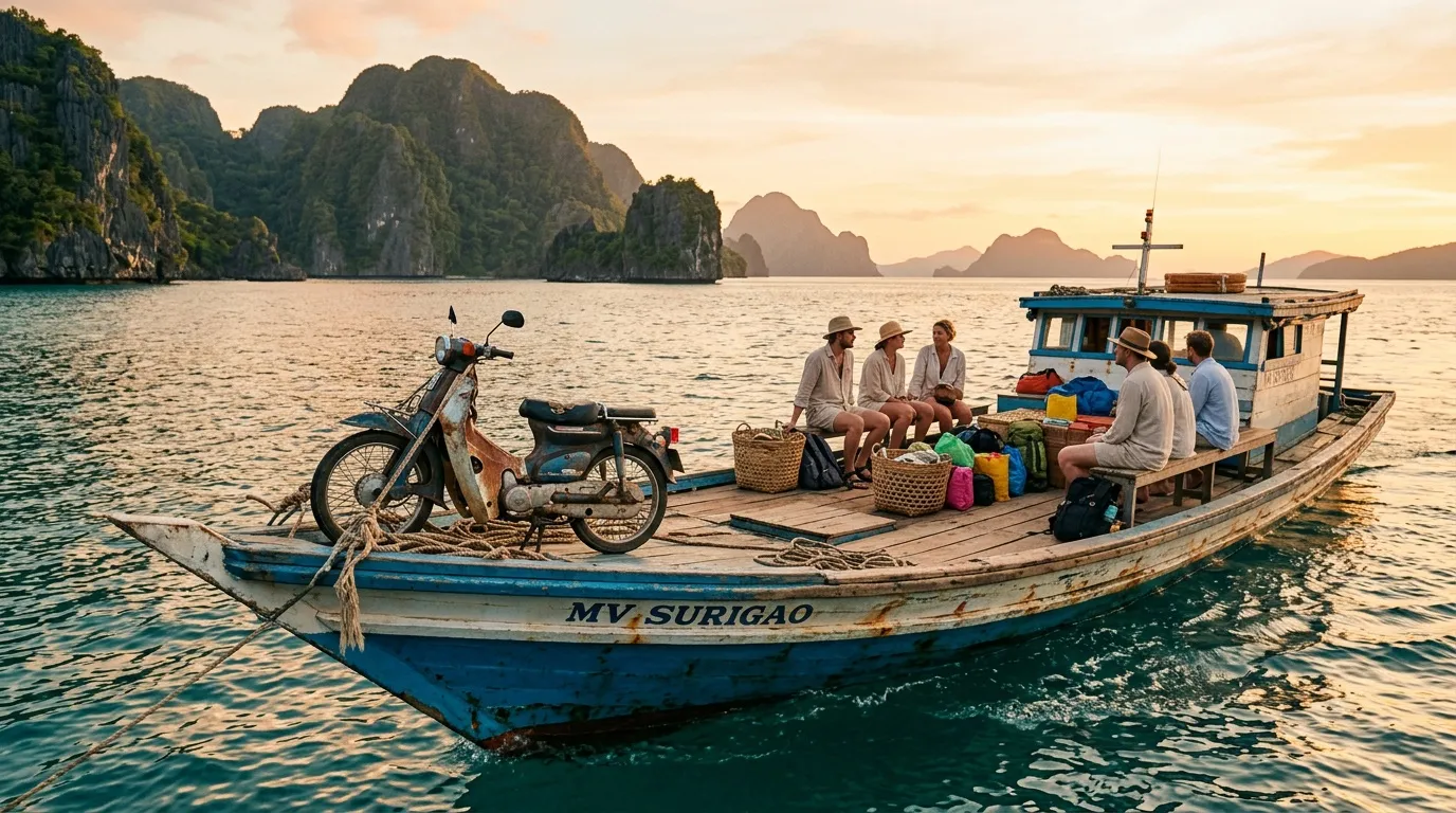 Bateau touristique avec passagers dans la baie d'Halong, Vietnam