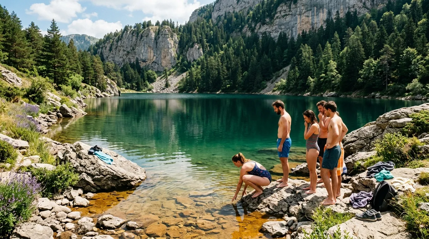 Groupe de jeunes se baignant dans un lac alpin cristallin