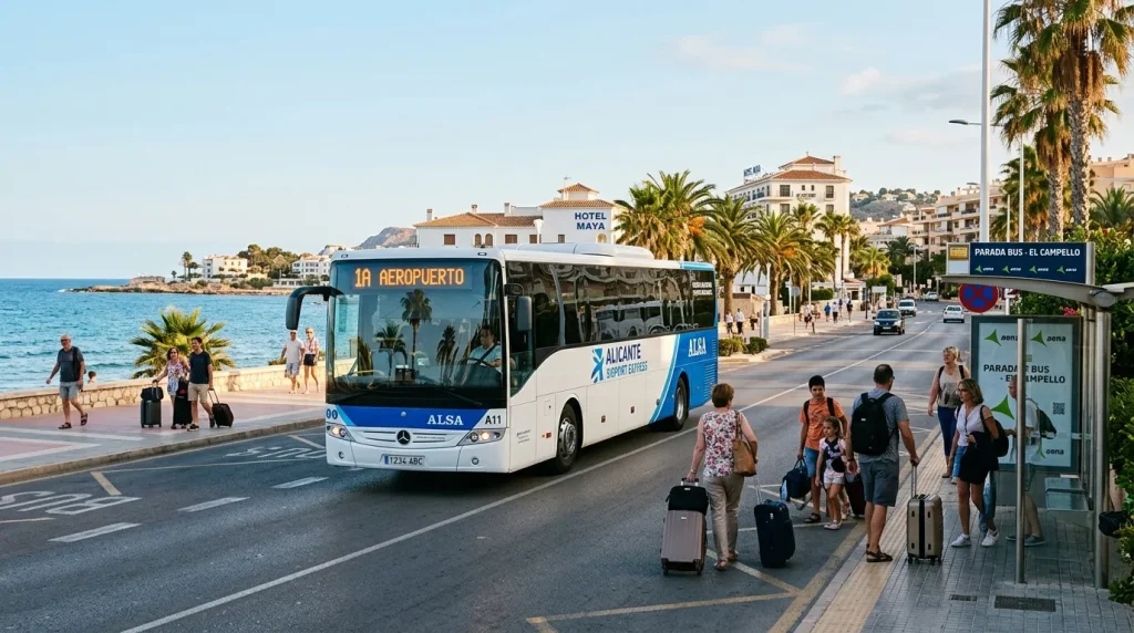 Bus ALSA direction aéroport avec passagers à la gare routière côtière