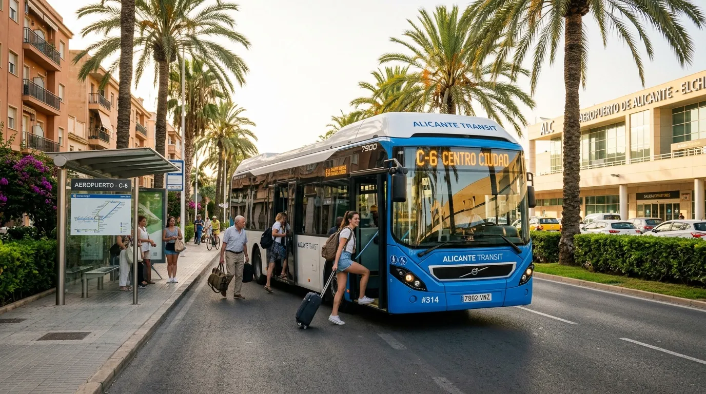 Bus bleu Alicante Transit à l'arrêt aéroport, passagers montant