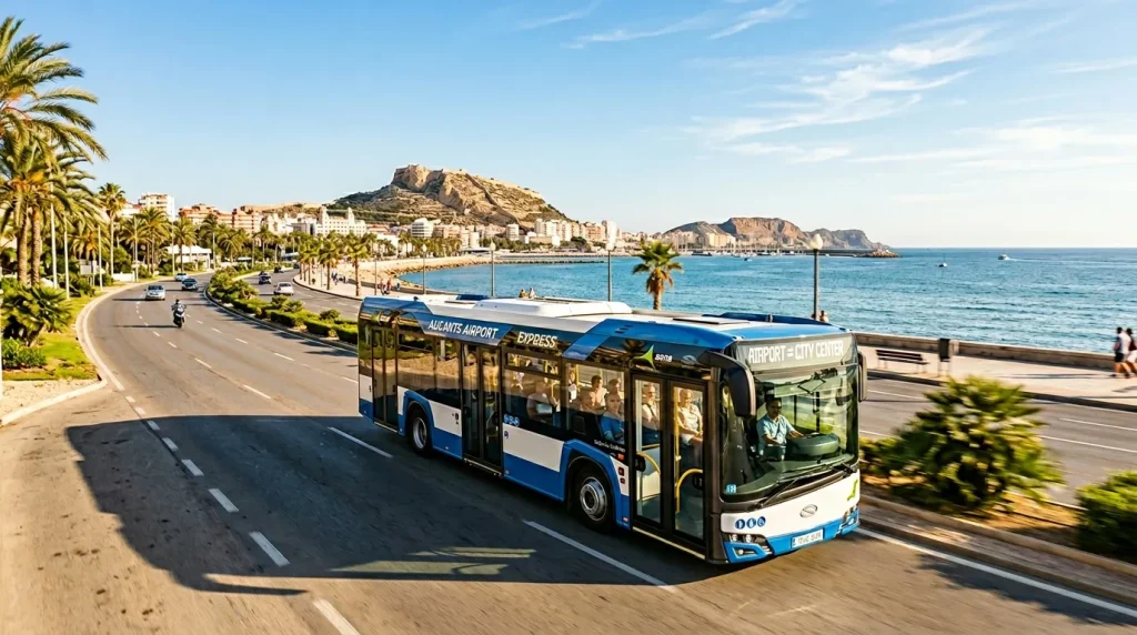 Bus bleu express longe côte méditerranéenne avec château en arrière-plan
