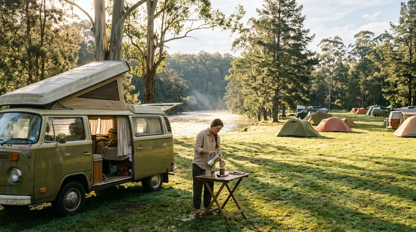 Homme prépare du café devant van camping près rivière forêt