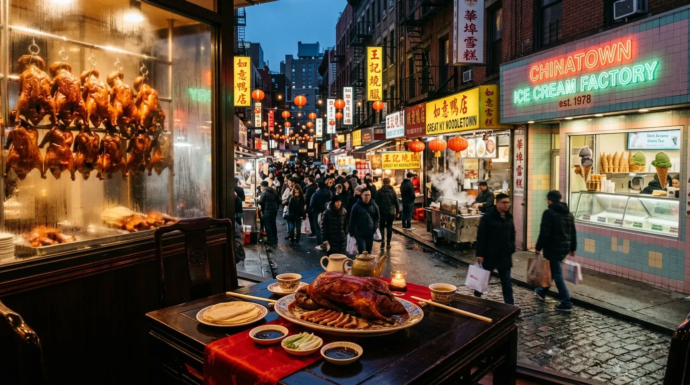 Canards rôtis et foule dans rue Chinatown animée