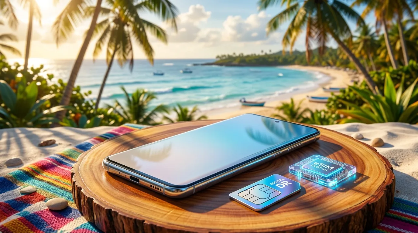 Téléphone et cartes SIM sur plage paradisiaque avec palmiers