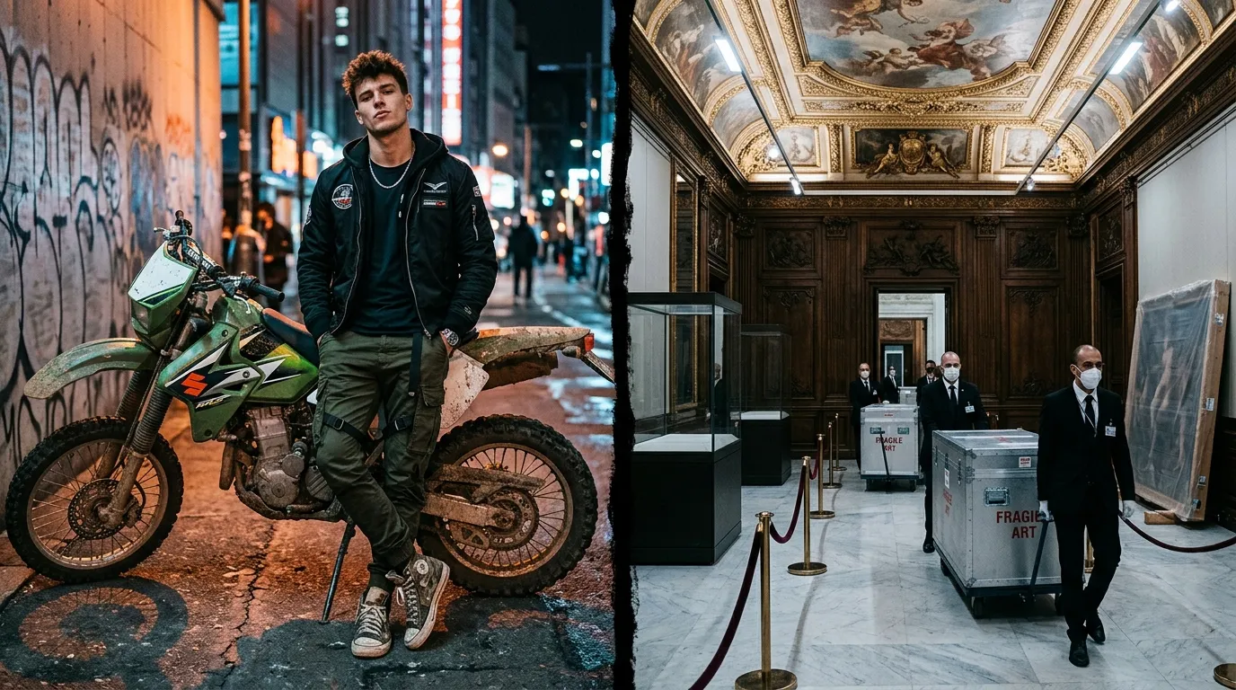Jeune homme en moto urbaine versus musée classique élégant