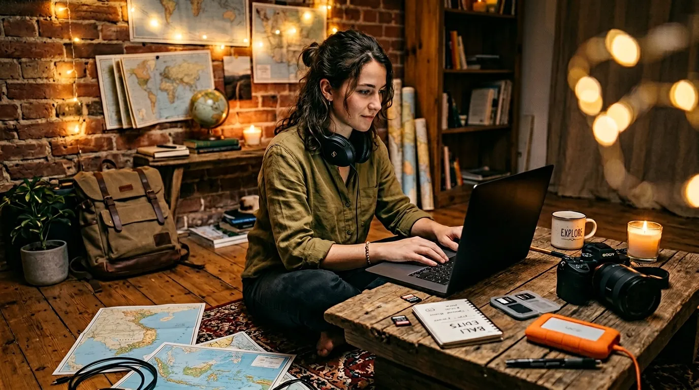 Femme travaillant sur laptop dans bureau vintage illuminé