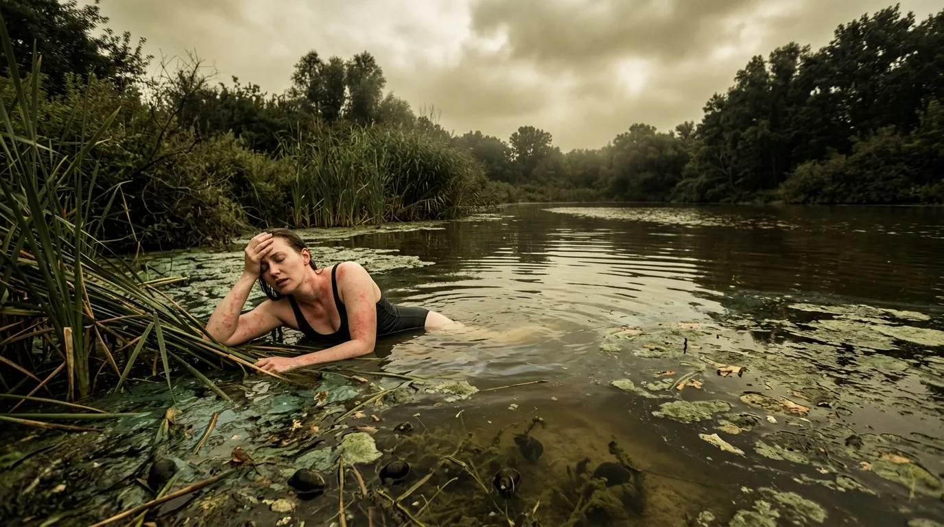 Femme dans l'eau entourée de roseaux et de végétation