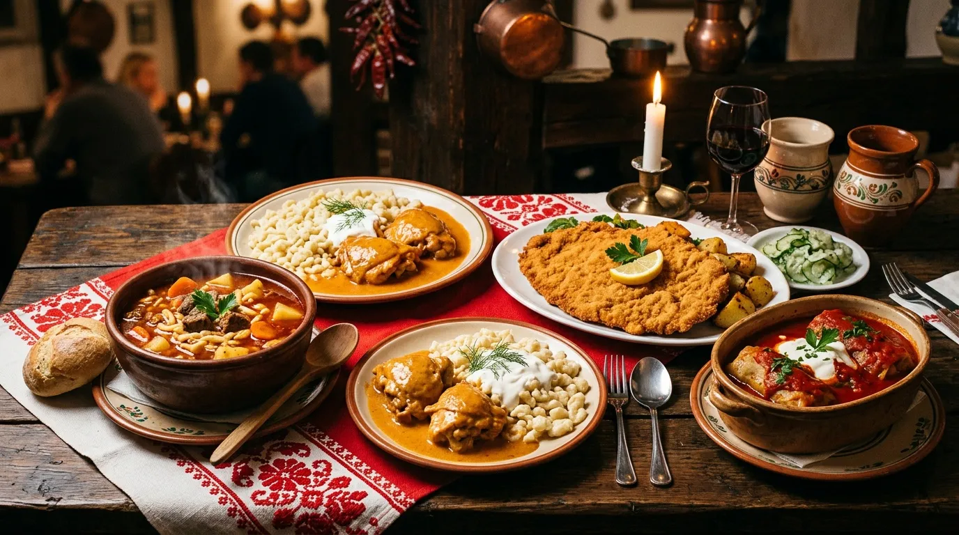 Table de fête avec plats traditionnels, bougies et décoration rouge