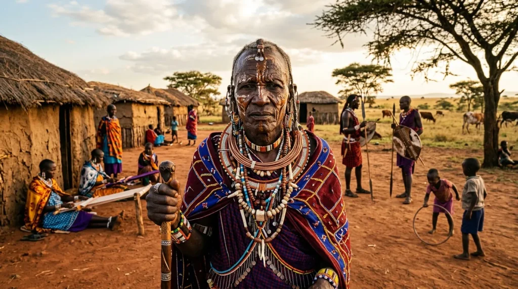 Homme Maasai en vêtements traditionnels face à la caméra