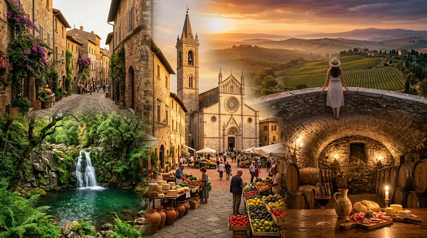 Montage collage Toscane: village médiéval, vignobles, cave viticole