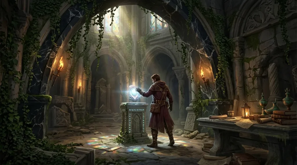 Mage en robe rouge activant un artefact magique dans un temple ancien