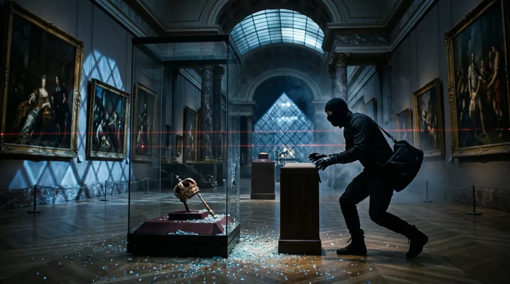 Cambrioleur volant un artefact dans un musée illuminé