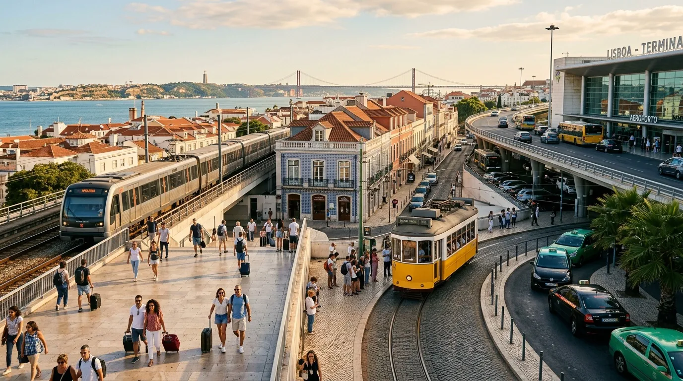 Gare de Lisbonne avec tram jaune, train et pont 25 avril