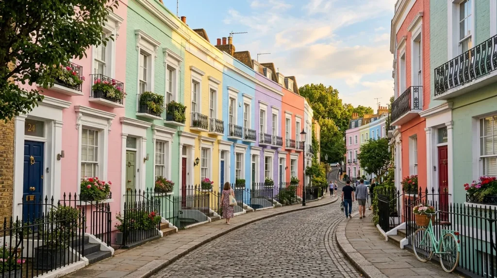 Rue pavée avec maisons pastel colorées et façades géorgiennes