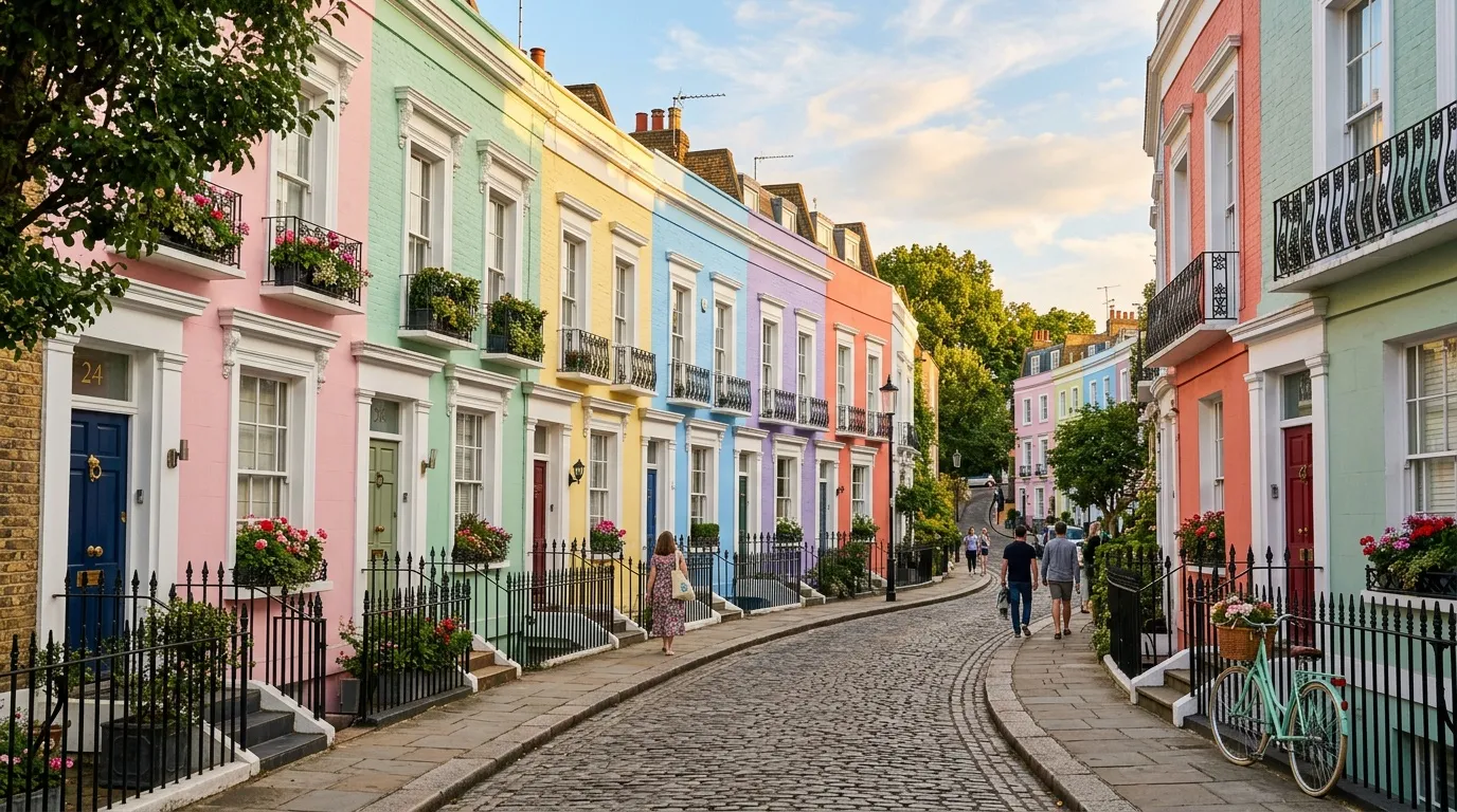 Rue pavée avec maisons pastel colorées et façades géorgiennes