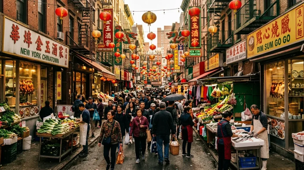 Rue bondée de Chinatown avec lanternes rouges et étals de marché.