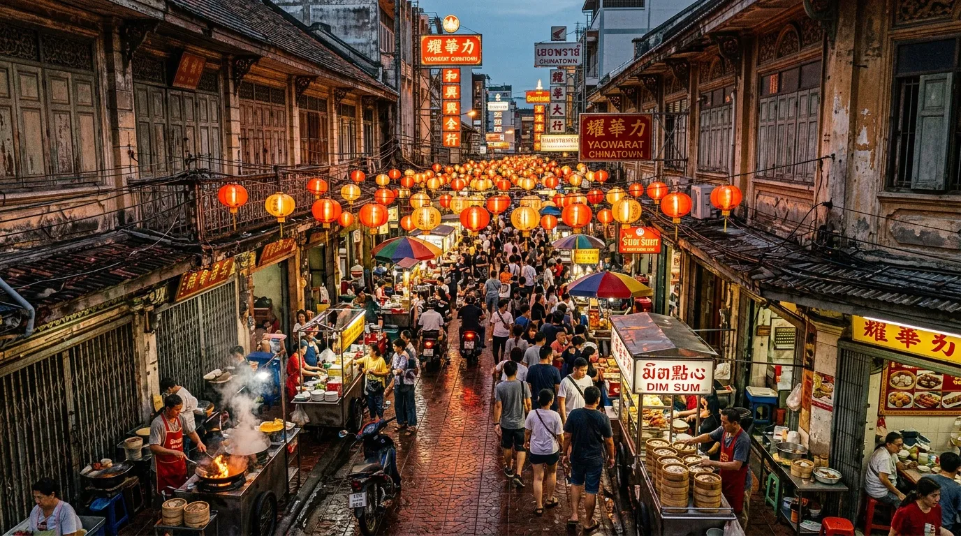 Rue marchande asiatique bondée avec lanternes rouges et vendeurs