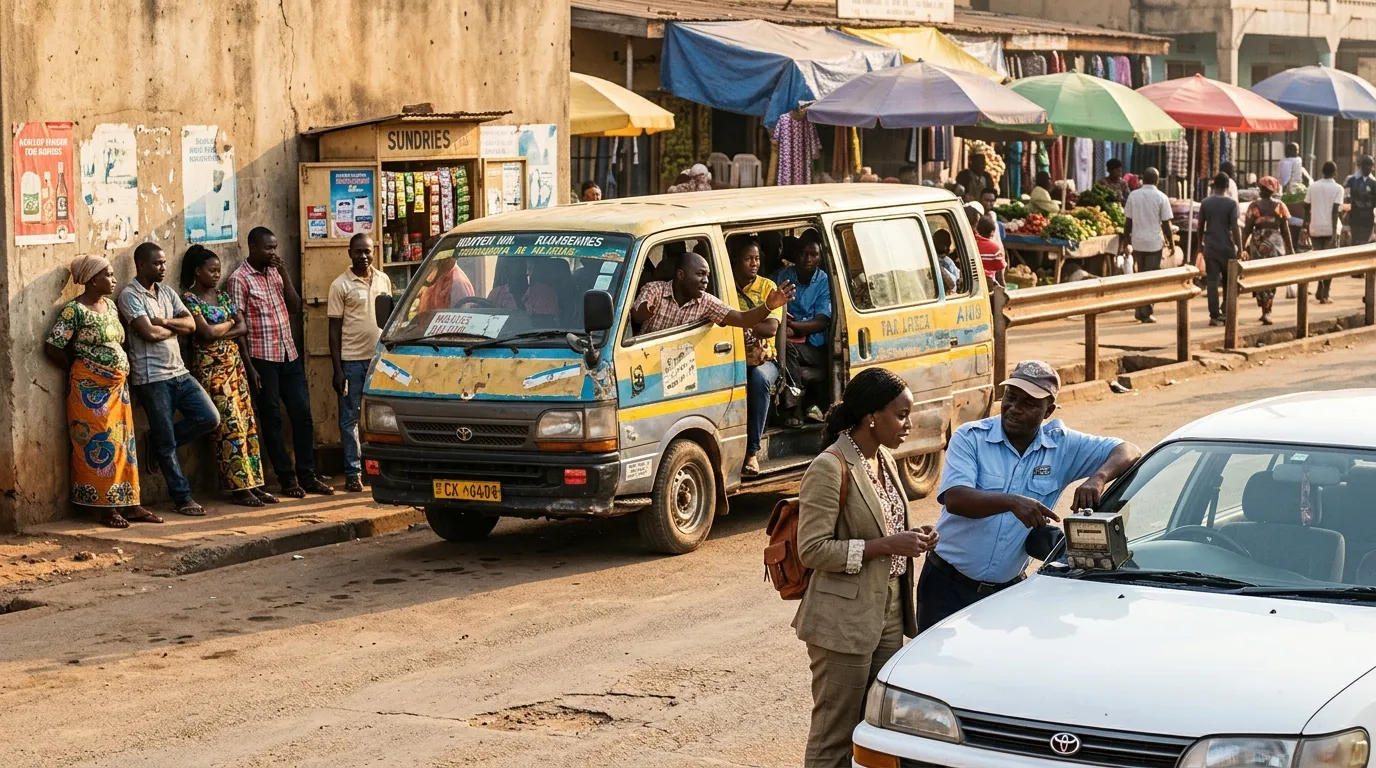 Minibus jaune et bleu dans rue animée avec marché