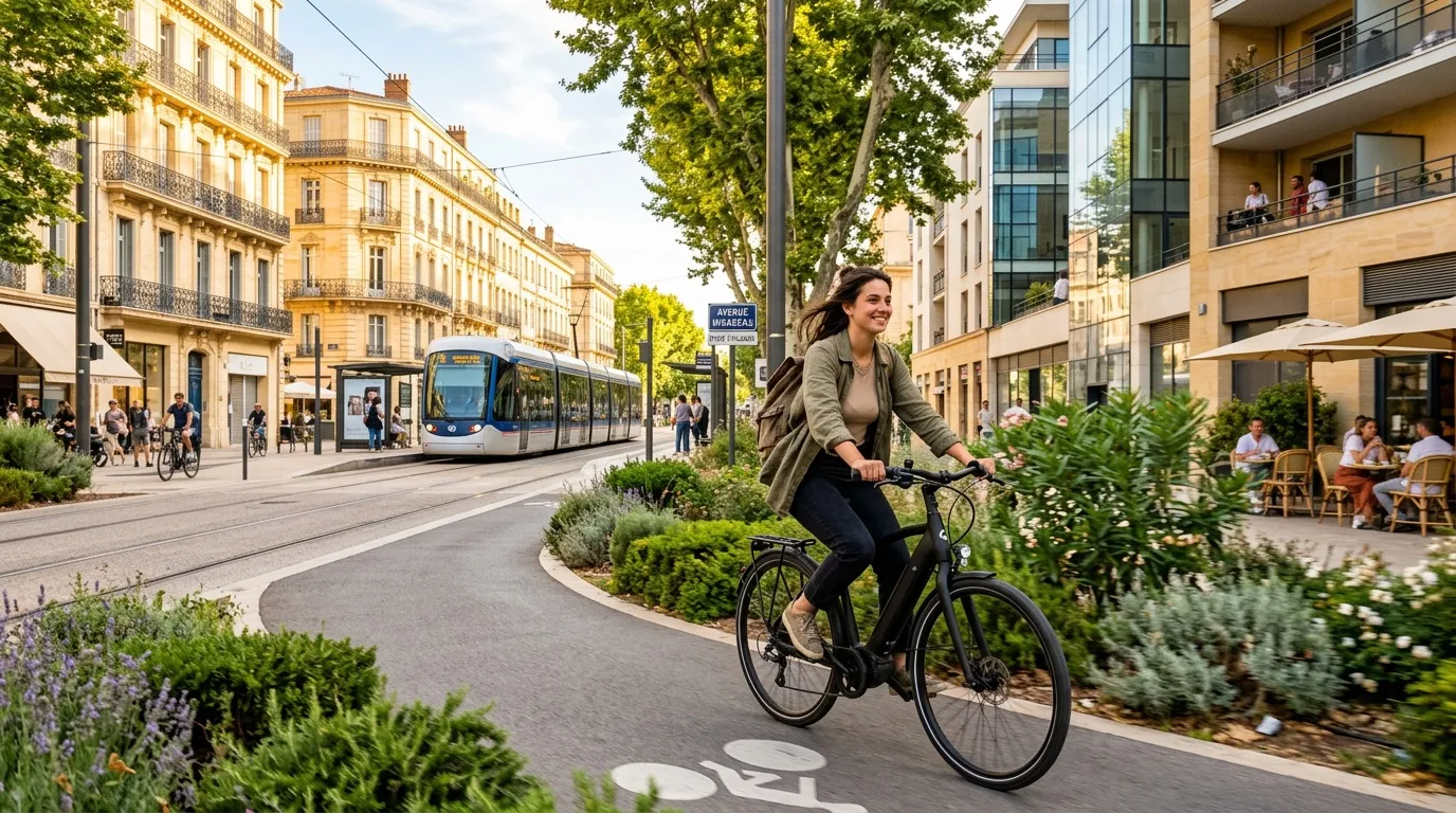 Femme à vélo dans rue piétonne parisienne avec tramway