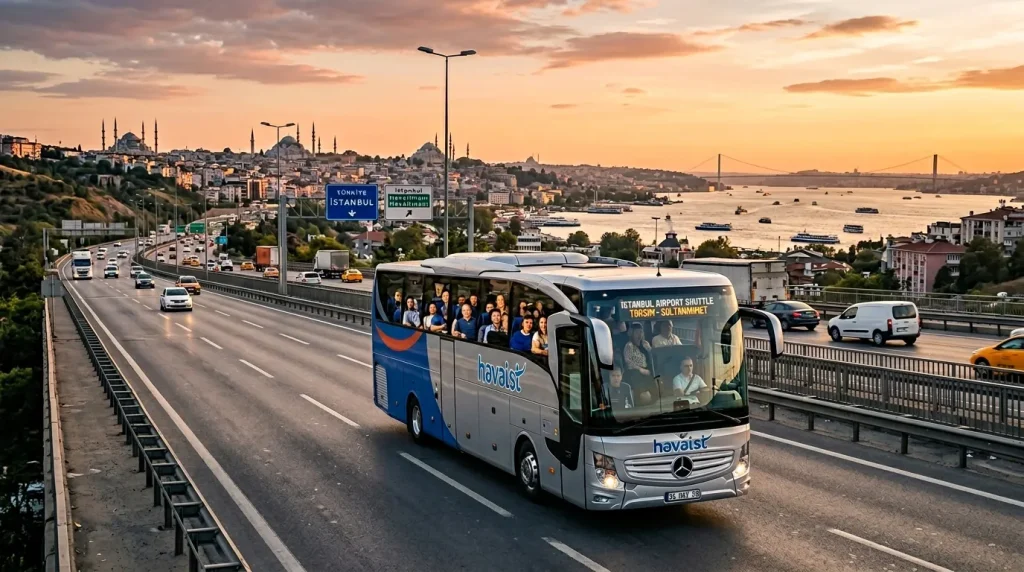 Bus navette Havalst sur pont d'Istanbul au coucher soleil