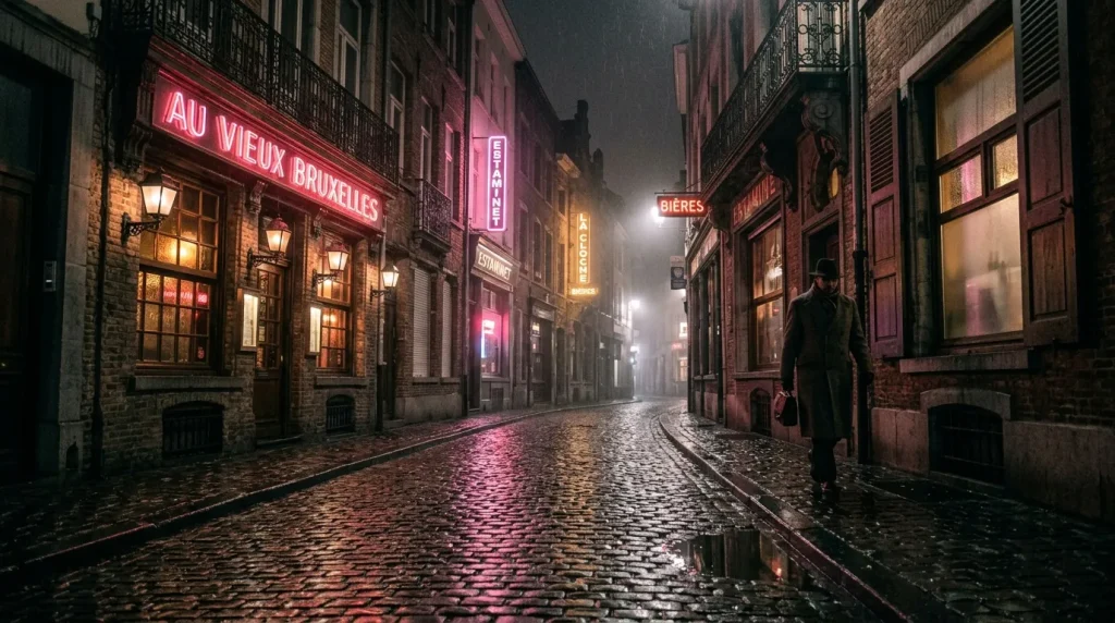 Rue pavée mouillée avec néons roses et façades historiques