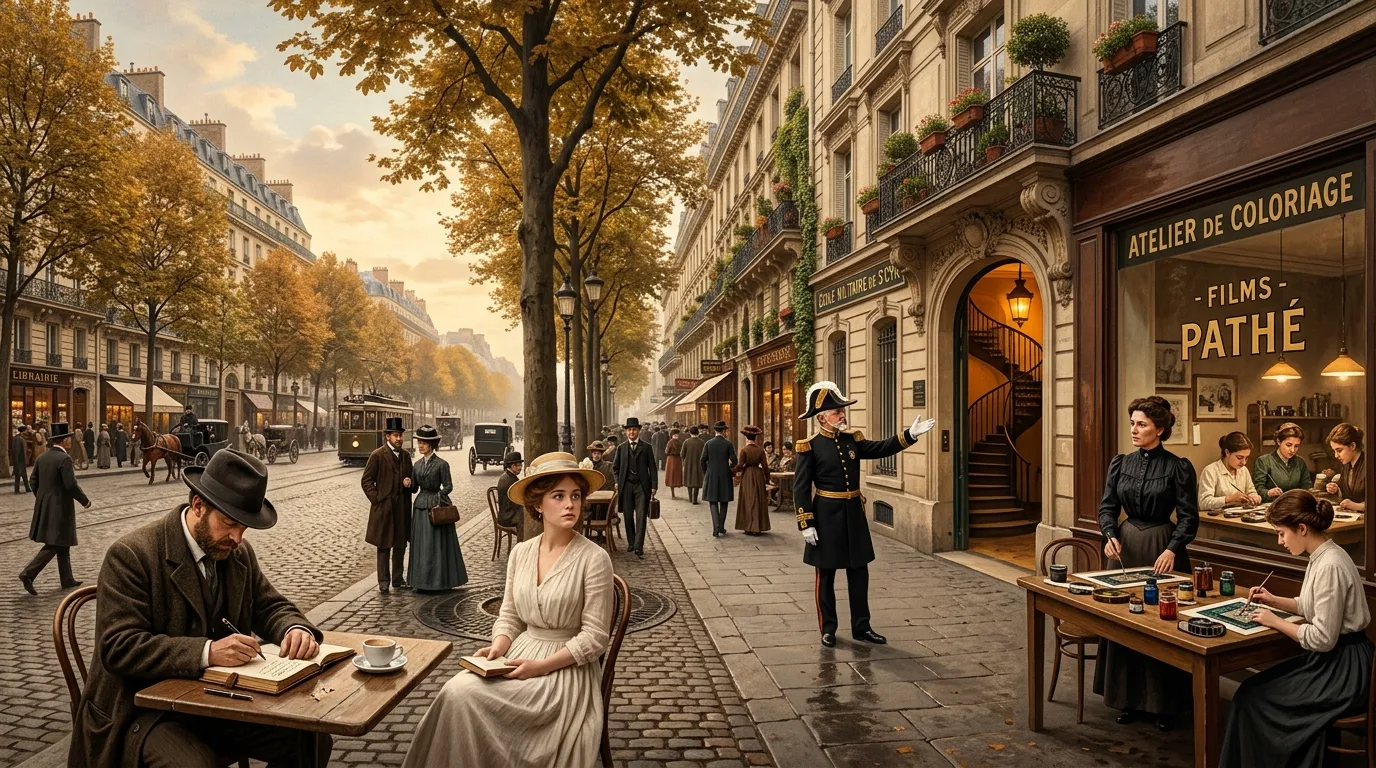 Rue parisienne automne début XXe siècle, café, boutiques, passants