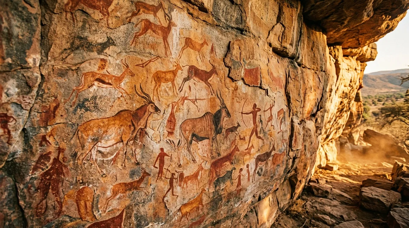 Peintures rupestres rouges d'animaux et humains sur roche