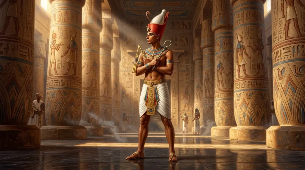 Pharaon en tenue royale dans un temple égyptien avec colonnes
