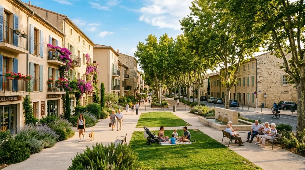 Village méditerranéen avec bâtiments en pierre et fleurs colorées.
