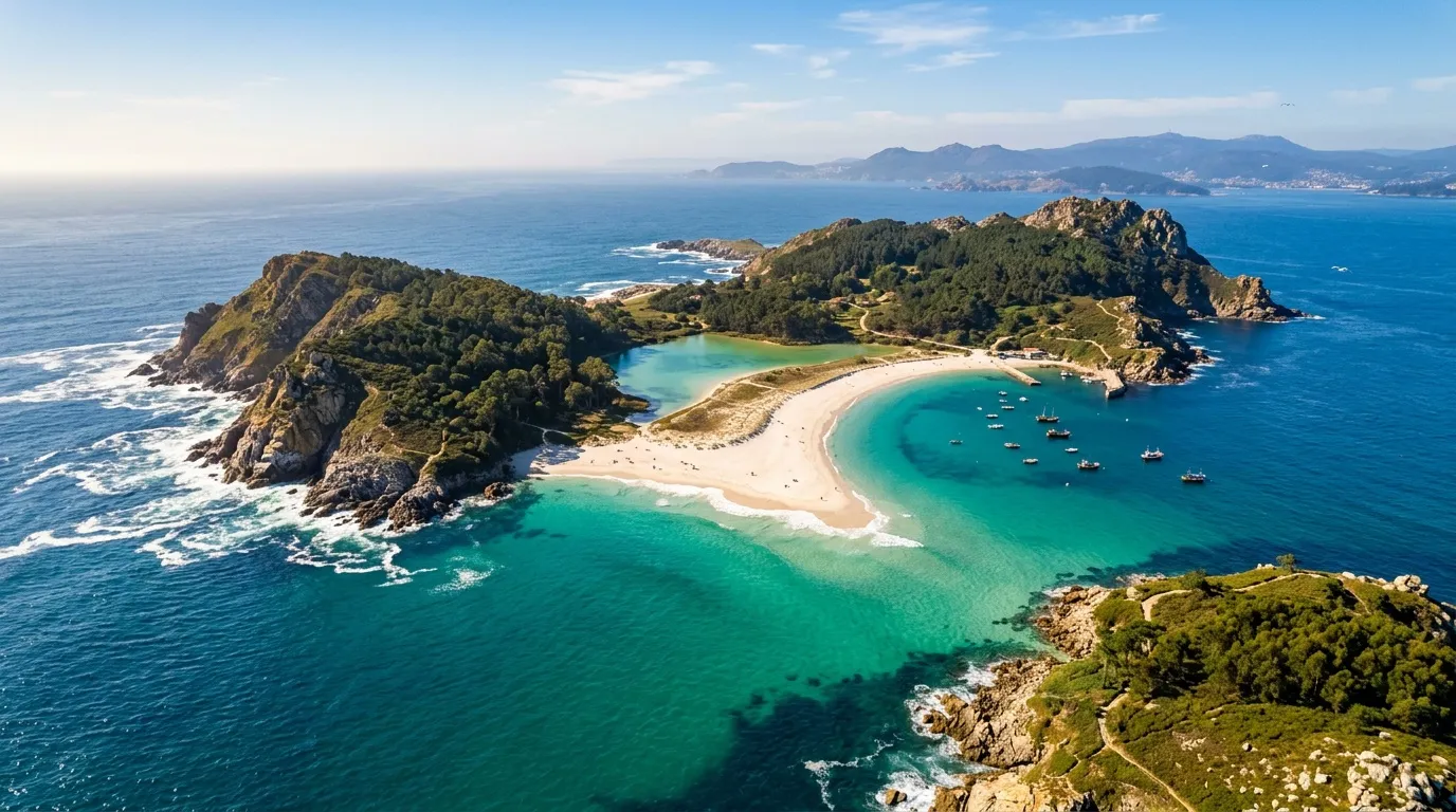 Vue aérienne d'une plage turquoise entourée de falaises boisées
