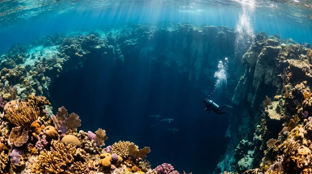 Plongeur explorant un récif corallien coloré en eau profonde