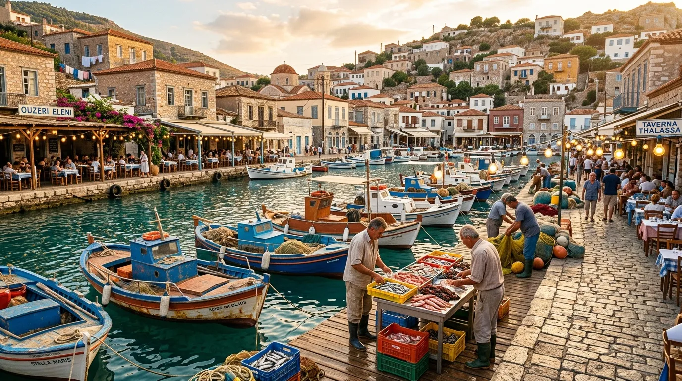 Village côtier grec avec bateaux de pêche colorés et tavernes