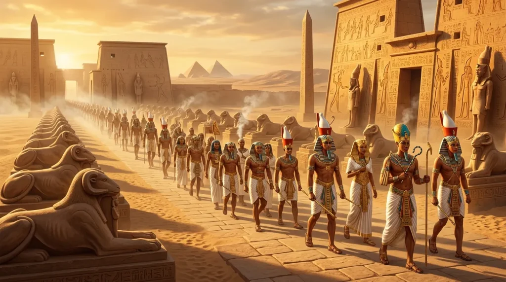 Procession de guerriers égyptiens entre temples et sphinx dorés