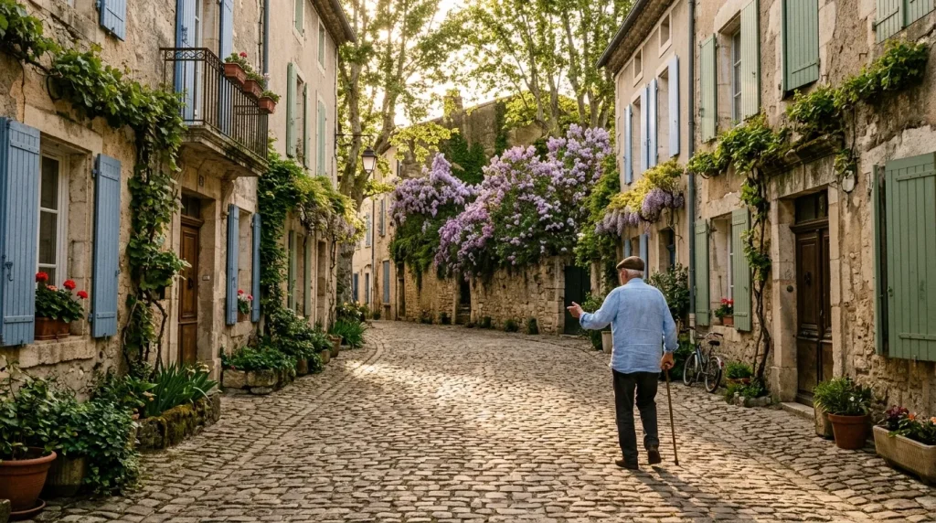 Homme marchant dans une ruelle pavée bordée de maisons en pierre et de fleurs lilas