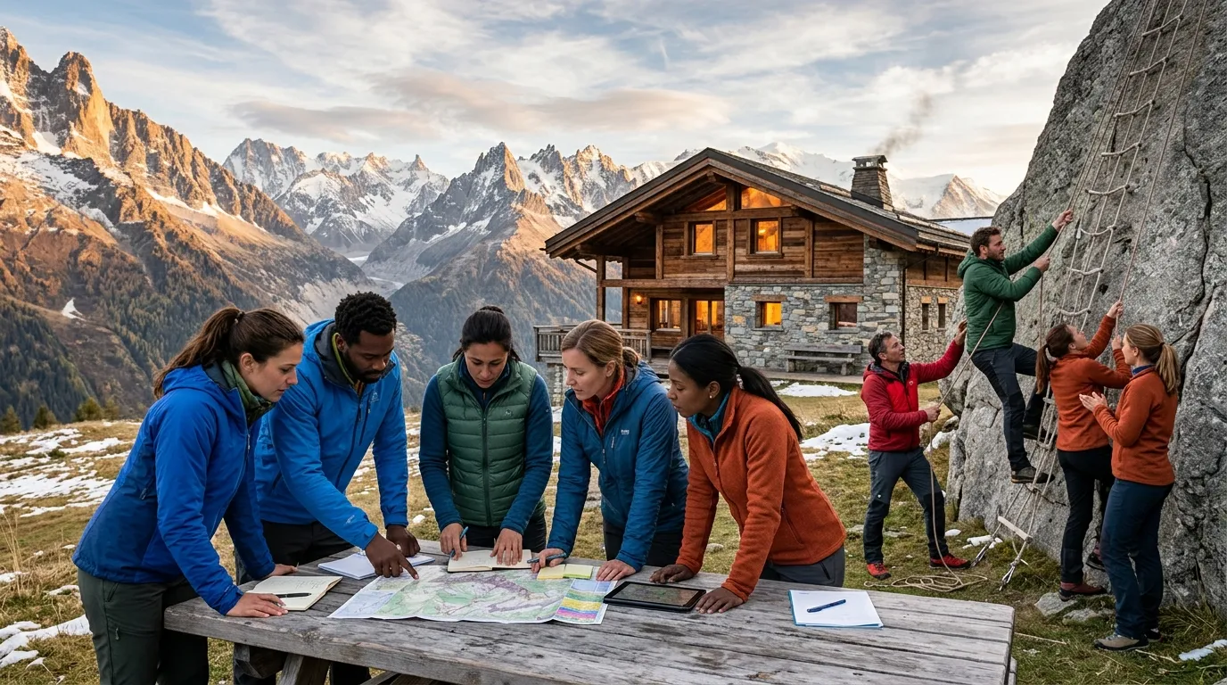 Groupe consulte une carte en montagne alpine