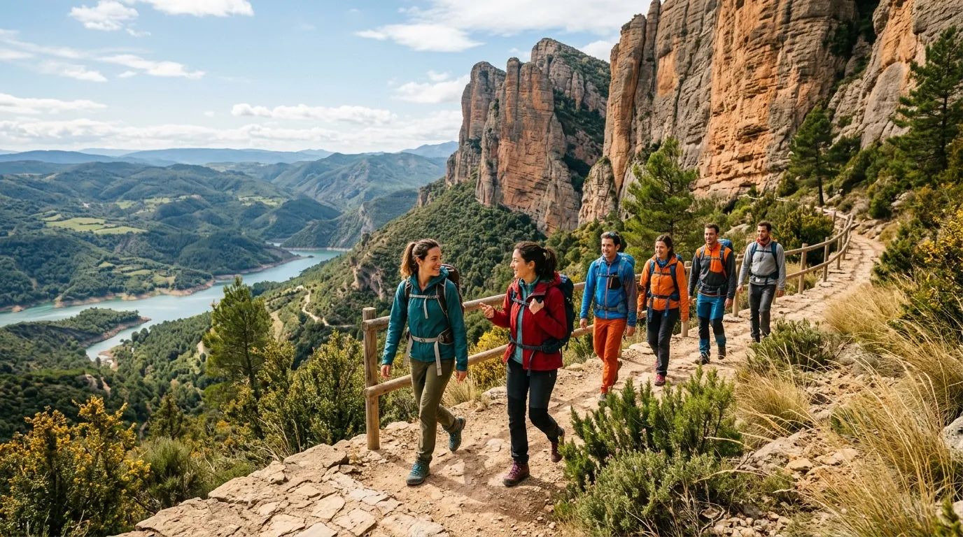 Groupe de randonneurs sur sentier montagneux avec rivière en arrière-plan