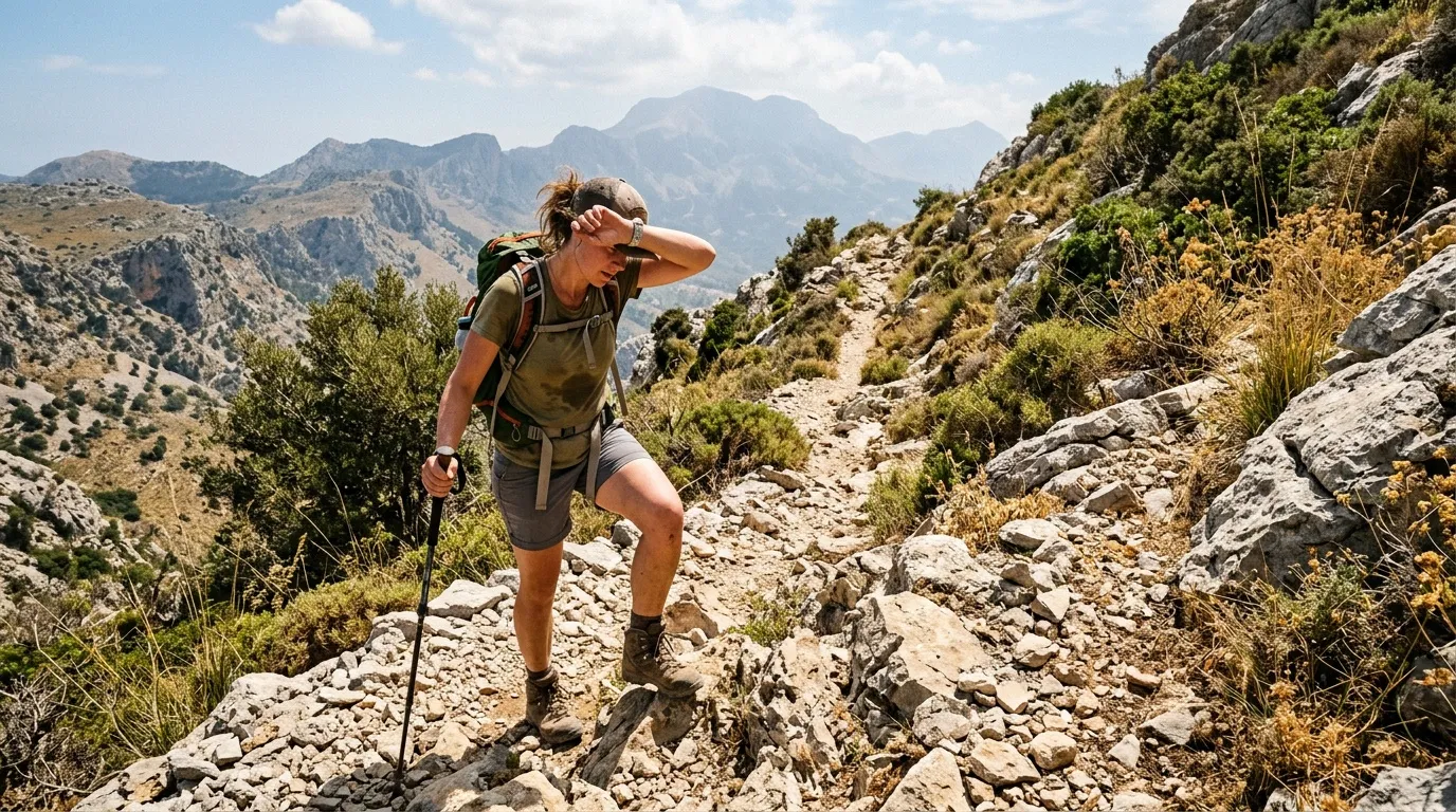 Femme randonneuse avec bâtons sur sentier de montagne rocailleux