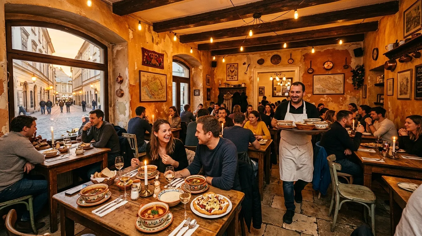 Serveur portant des plats dans un restaurant italien plein de clients.